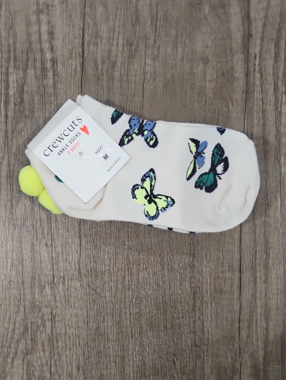 Crewcuts Cream Ankle Socks with Blue & Neon Yellow Butterflies Kid's 13- 2